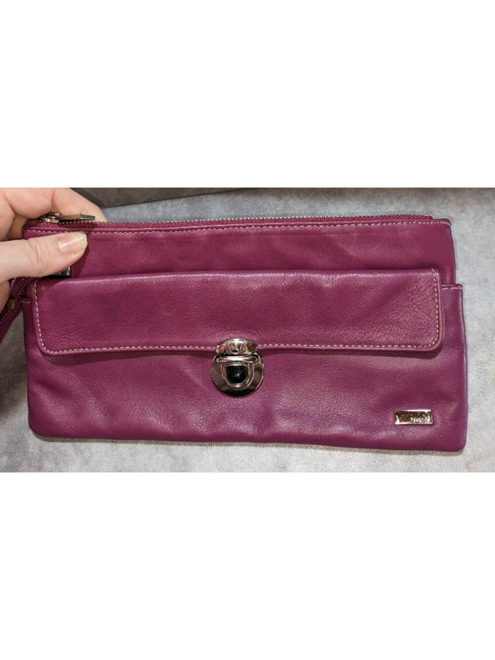 Perlina Purple Leather Wristlet Clutch With Silver Hardware & Buckle Accent
